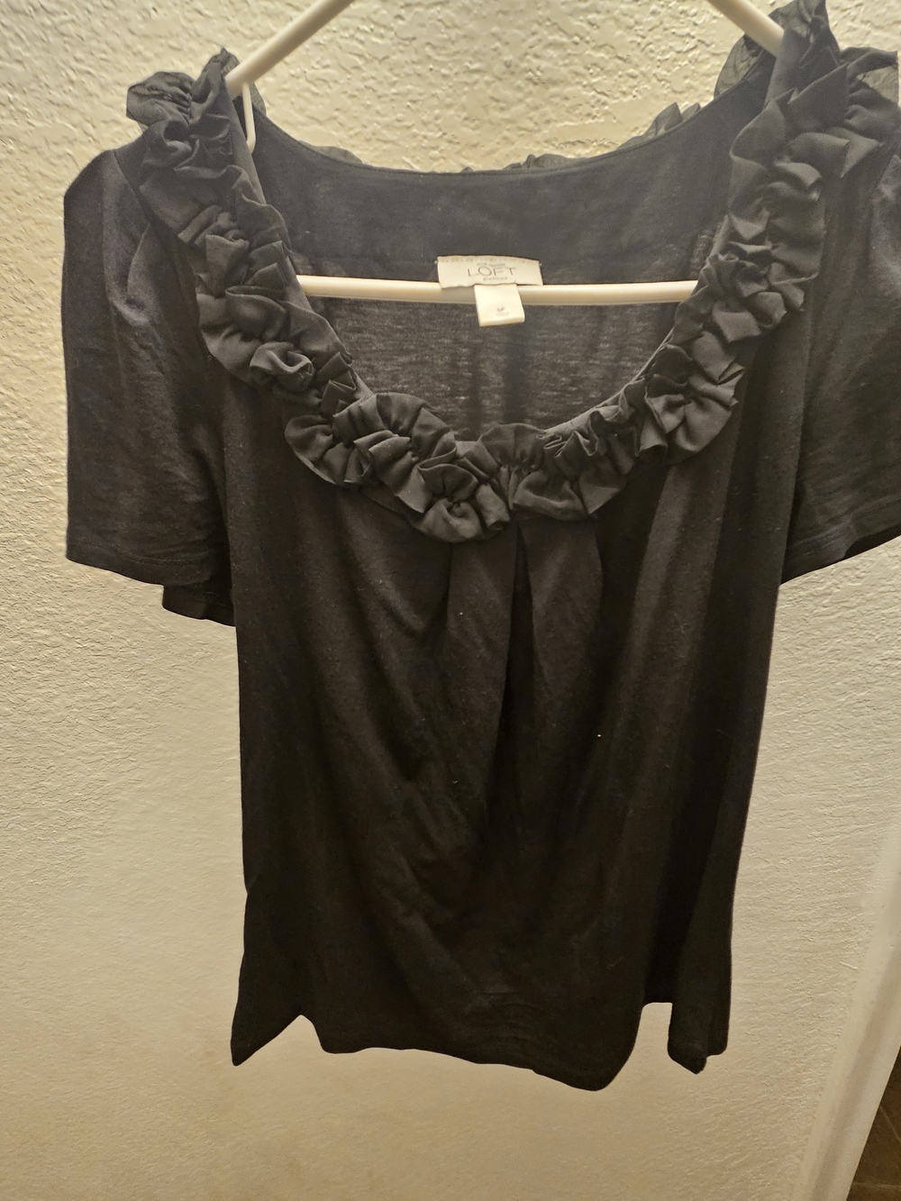LOFT Black Short-Sleeve Top with Ruffle Scoop Neck